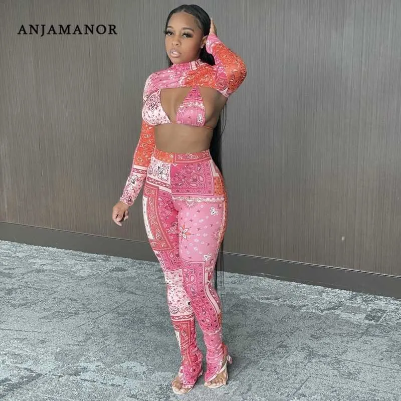 Anjamanor Pink Bandana Crop Top and Pants 3 Piece Set Women Sexy Club Outfits Långärmad matchande uppsättningar Vinter 2020 D87-CE27 Y0625