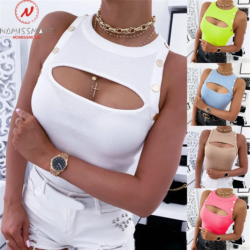Sexy Women Summer Solid Color Tanks Hollow Out Design Button Decor O-Neck SleevelSlim Breast Enlargement Pullovers Top X0507