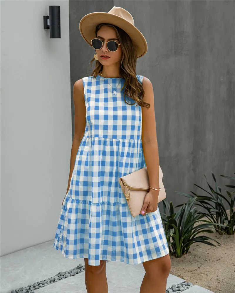 Summer Casual Plaid A-line gingham sundress for Women with Pockets - Loose Fit, Black and Blue, Perfect for Beach - Style 210521