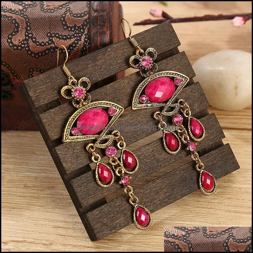 Fan-shaped Water Drop Ethnic Earring Indian Jewelry Bohemian Retro Alloy Purple Rhinestone Tassel Dangle Earrings For Women