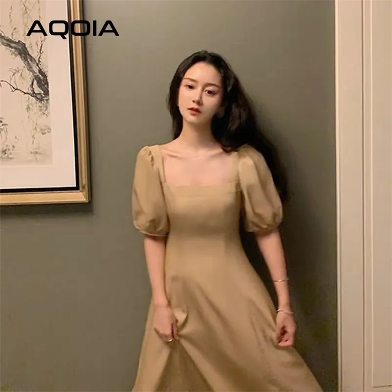Bahar Kore Tarzı Bayan Elbise Vintage Düz Renk Fener Yarım Kollu Bayanlar ES Square Yaka İmparatorluğu Parti 210521