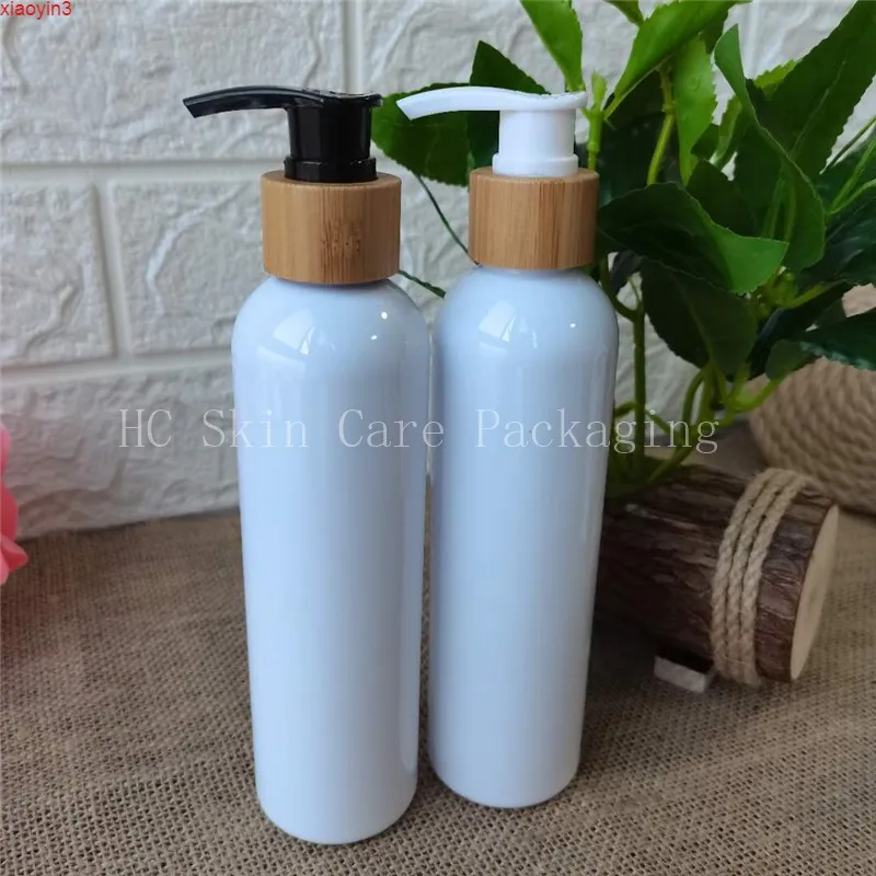 250ml 100 pcs garrafas plásticas com tampa de bambu toner Bomba de água tampa de loção shampoo 8oz contentores LIDGOUS