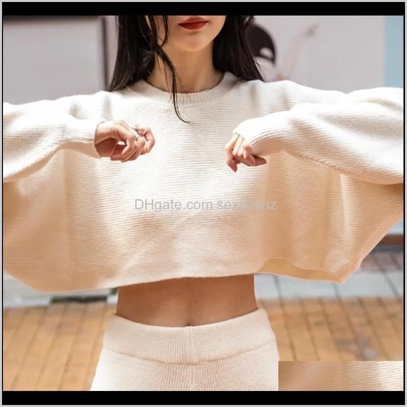 women`s fashionable knitted 2 piece set solid batwing sleeve crop knitting pullover sweaters elastic waist flare wide leg pants1