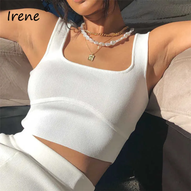 Irene Rib Sexy Col Carré Femmes Crop Tops 2021 Été Hors Épaule Blanc Gilet Tricoté Solide Corset Scoop Débardeurs Y0622