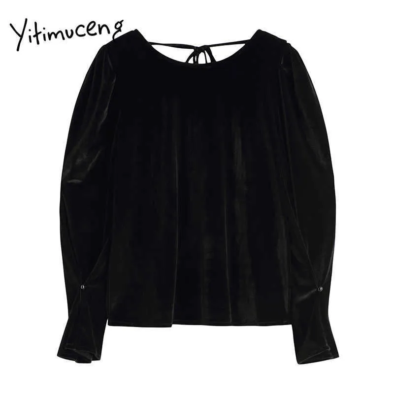 YITIMUCENG Siyah Bluz Kadınlar Vintage Lace Up Gömlek Puf Kol O-Boyun Düz Katı Giysi Bahar Moda Tops 210601