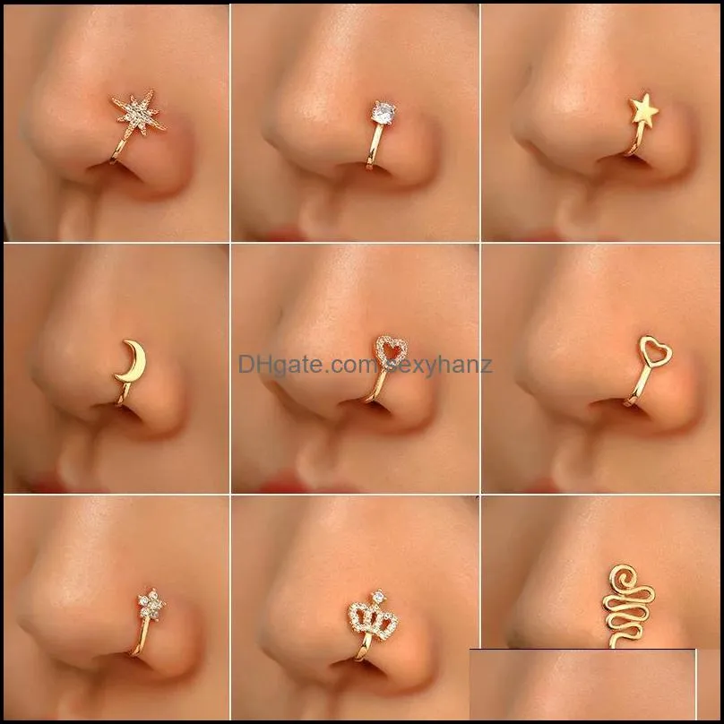 Nariz anéis prisionos jóias corporal 1 pcs Copper Crystal Coração Anel falso Cuff Non Piercing Mau Clipe em Mulheres Na moda Gota Entrega 2021 CHDPX