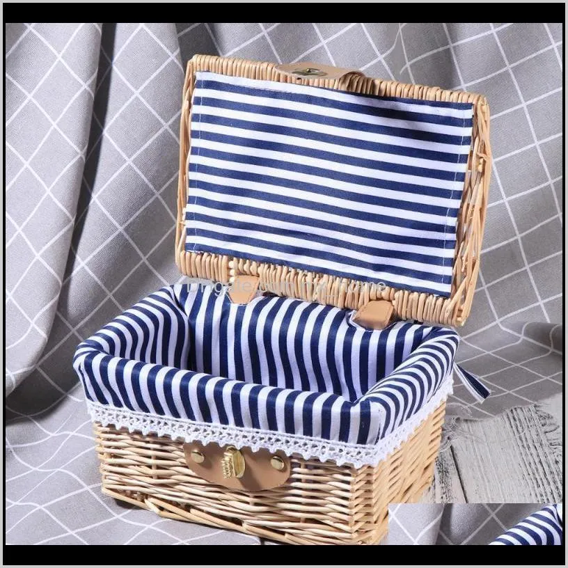 rural style wicker storage box with lock creative fabric lining container case organizer (original color frame+blue white stripe