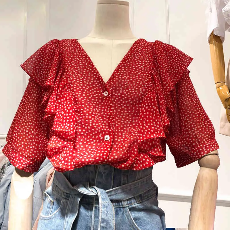 Summer Women Fashion Short Sleeves Ruffles V Neck T-Shirt Female Casual Tee Tops A117 210428