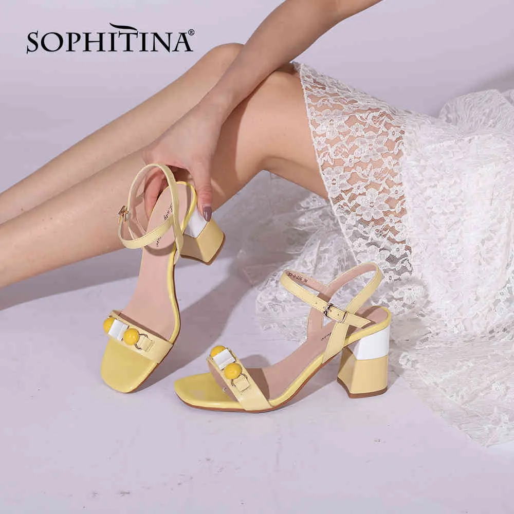 SOPHITINA Sandals Women Sweet Macaron Contrasting High Heels Genuine Leather Bead Decoration Ankle Strap Summer Shoes PC948 210513