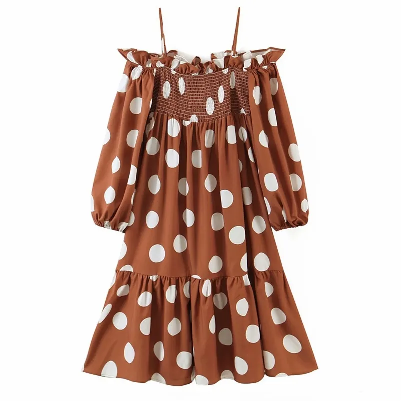 Été Femmes Dot Robe À Manches Longues Spaghetti Sangle Buste Élastique Vintage Boho es Femme Élégante Robes Lâches 210513