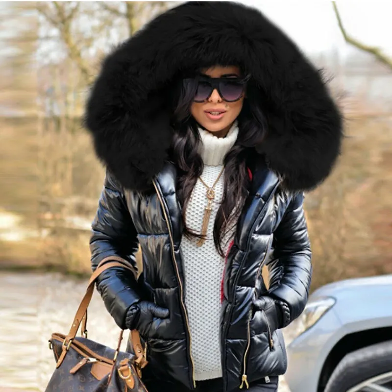 卸売りの女性厚いパーカーファーカラーフード付きジャケットコート冬の女性カジュアルジッパーショートジャケットファッションコットンパッド入り暖かいo