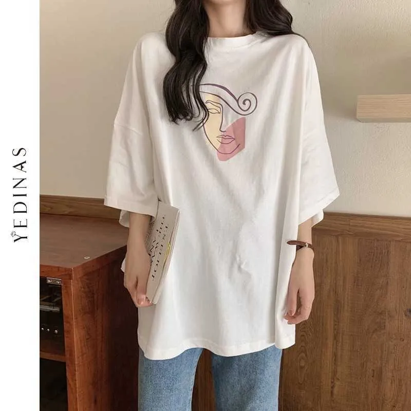 Yedinas Pure Cotton T-shirt Dames Korte Mouw Kunst Gedrukt Oversized -shirt Harajuku Koreaanse stijl White Shirts Esthetic 90s 210527
