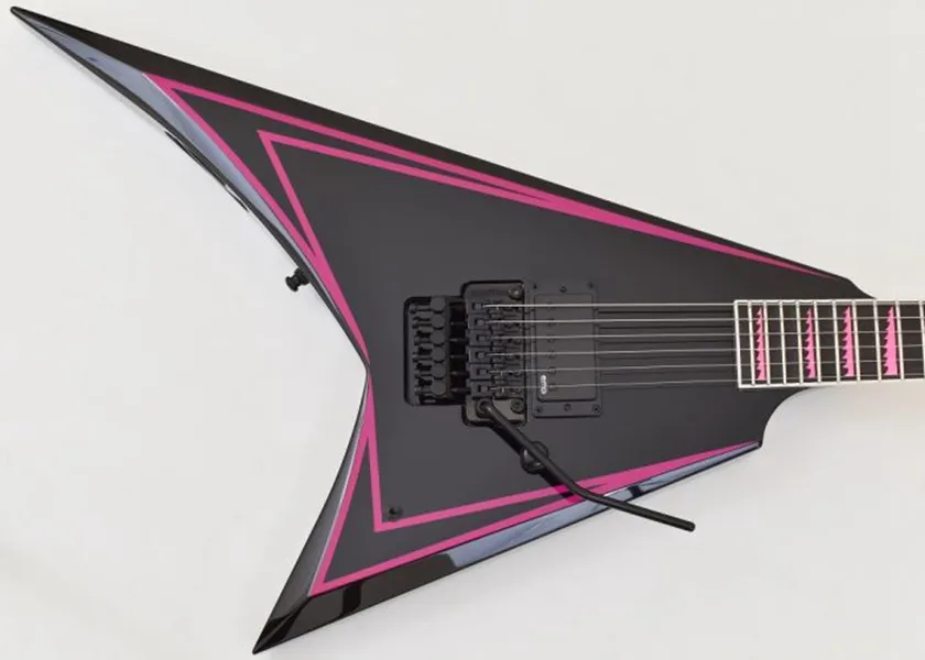 Custom Shop Alexi Laiho Rosa Sawtooth Flying V Elektrisk gitarr Scalloped Fingerboard 20-24, Floyd Rose Tremolo Bridge, Kina EMG Pickup, Svart hårdvara, Sharkfin Inlay