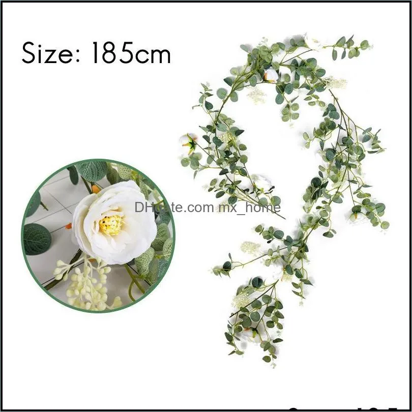 Hot Artificial Eucalyptus Garland with Little Camellia Faux Vines Ivy for Wedding Backdrop Arch Wall Decor