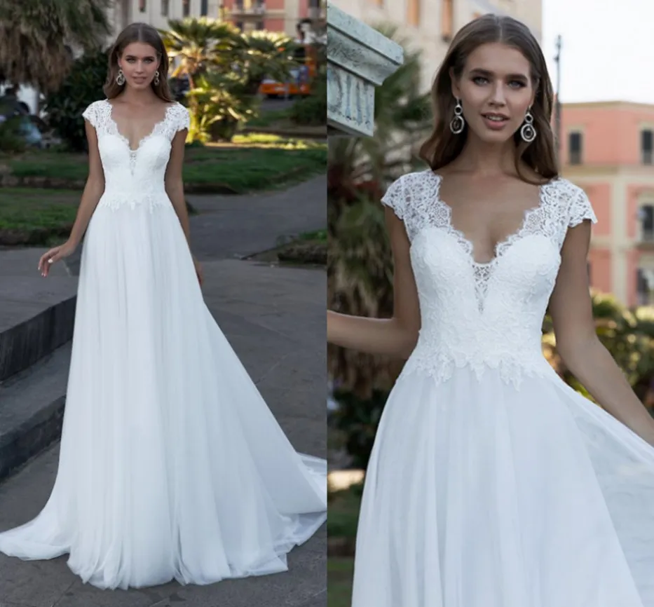 Bohemian Wedding Dress V-Neck Cap Sleeve A Line Boho Simple Bridal Gowns vestido de noiva 2021 Elegant Plus Size Bride Dresses