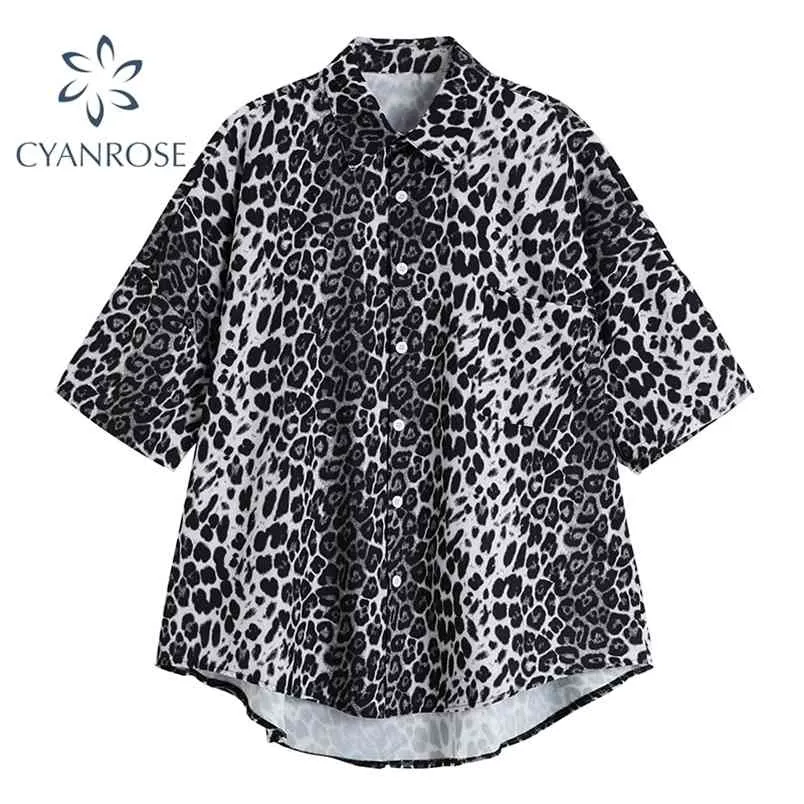 Summer Streetwear Buttons Leopard Print Blouse Women Fashion Korean Style Turn Down Collar Shirt Ins Casual OL Short Sleeve Tops 210515