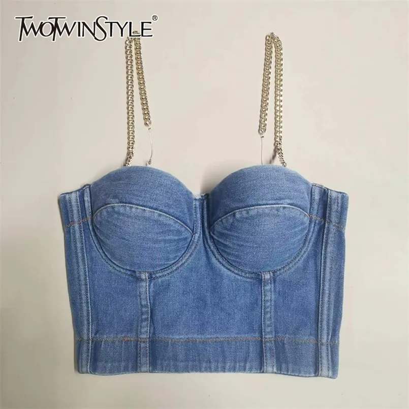 Sexy Denim Tank Tops For Women Square Collar Sleeveless Patchwork Chain Slim Short Vest Female Fashion Summer 210524