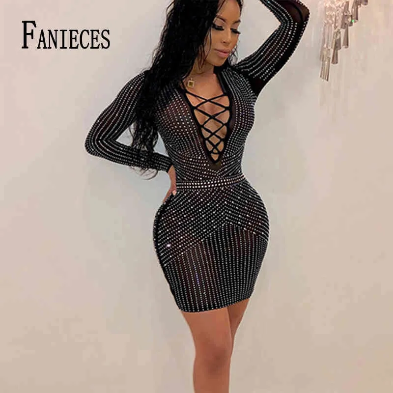 Fournieces Été automne Mini robe Femmes Sexy Night Club Noir Solide Diamants Noir Dentelle Robe à manches longues à manches longues à manches longues 210520