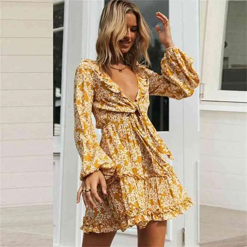 Cotton long sleeve dress for women autumn V-neck floral print lace-up front  casual above knee mini dress from Dhgate Basic & Casual Dresses - price  41.16