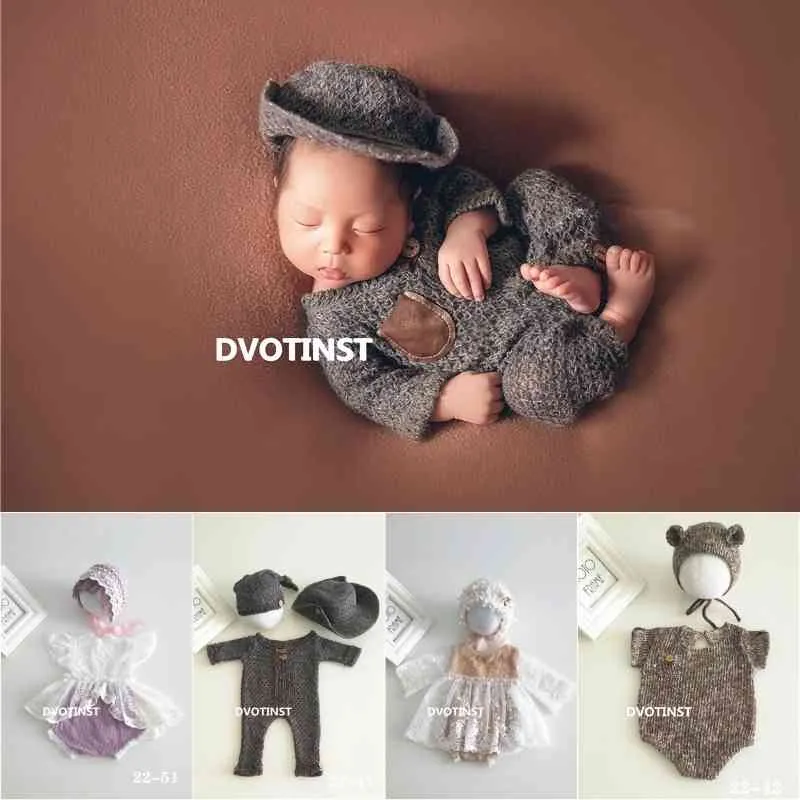 Dvotinst Pasgeboren Babyfotografie Knit Outfits Bonnet Kant Jurk Hat Set Fotografia Accessoires Studio Shoot Photo Props 210317