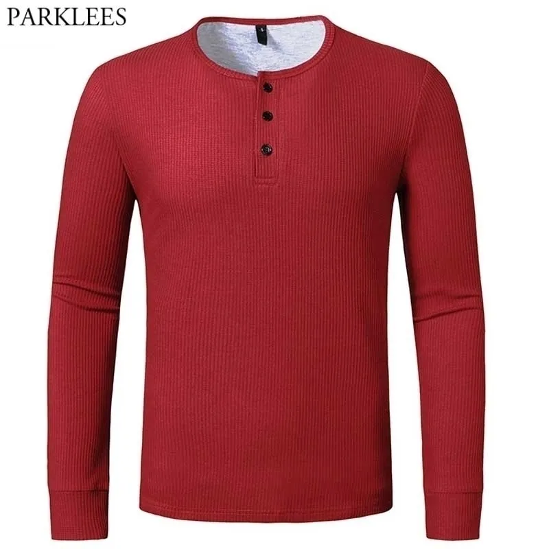 Red Waffle Cotton Tshirt Men Brand Casual Slim Fit Henley Shirts Mens Long Sleeve T-shirt Men Autumn Winter T Shirt Male 210522