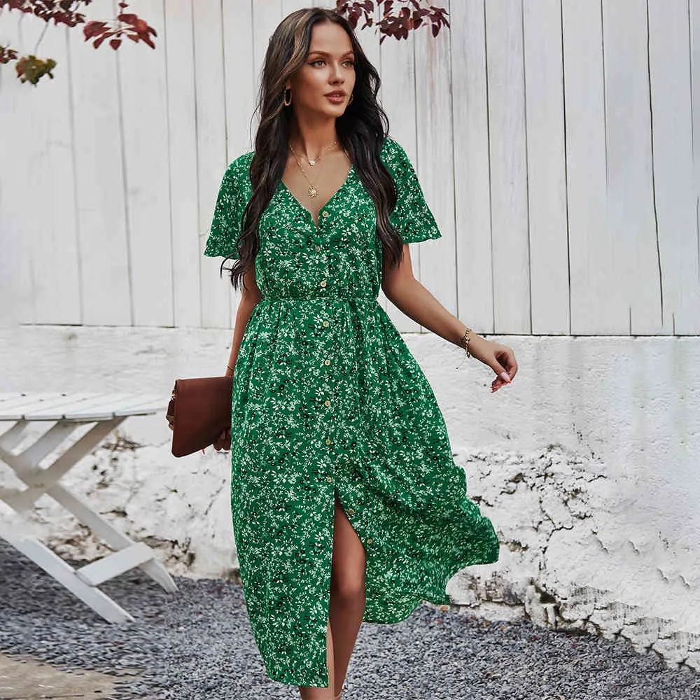 Vintage Floral Printed High Waist Maxi Dress With V Neck And