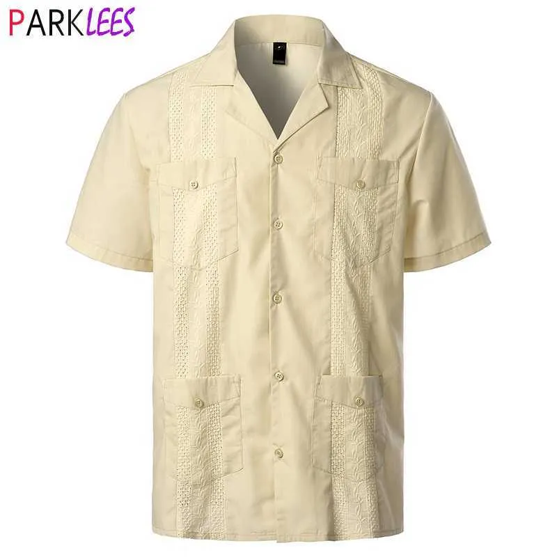Men's Traditional Cuban Camp Collar Guayabera Shirt Short Sleeve Embroidered Mexican Caribbean Style Beach with 4 Pocket 210708