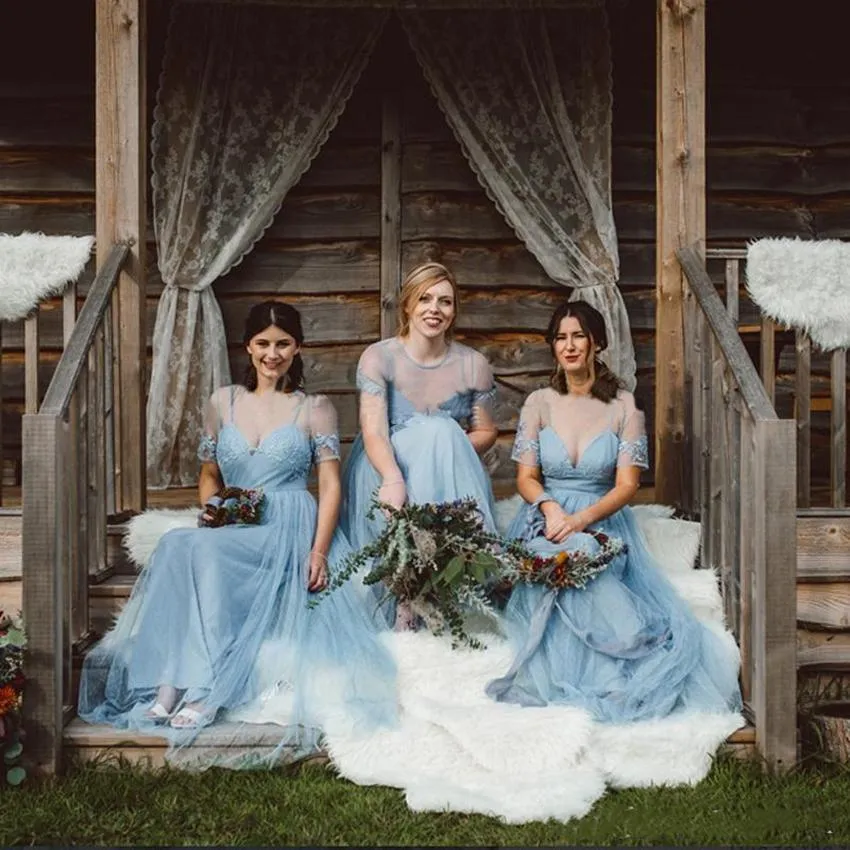 blue dress for baby girl A-line Dusty Blue Tulle Long Custom Bridesmaid Dresses , BN1277