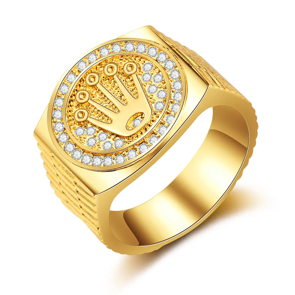 Karopel Hip Hop Bling Sieraden Koning Crown Vaderdag Gift Voor Mannen Bling Bling Micro Pave CZ Gold Color Zircon Ring