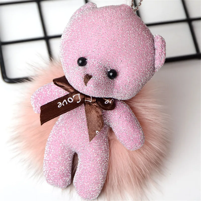 Cortoon Bow tkaniny Niedźwiedź Keyring Pom Puszysty Fox Fur Kobiety Torba Wisiorek Prezent Akcesoria Zabawki Doll Clef Charm Keychain