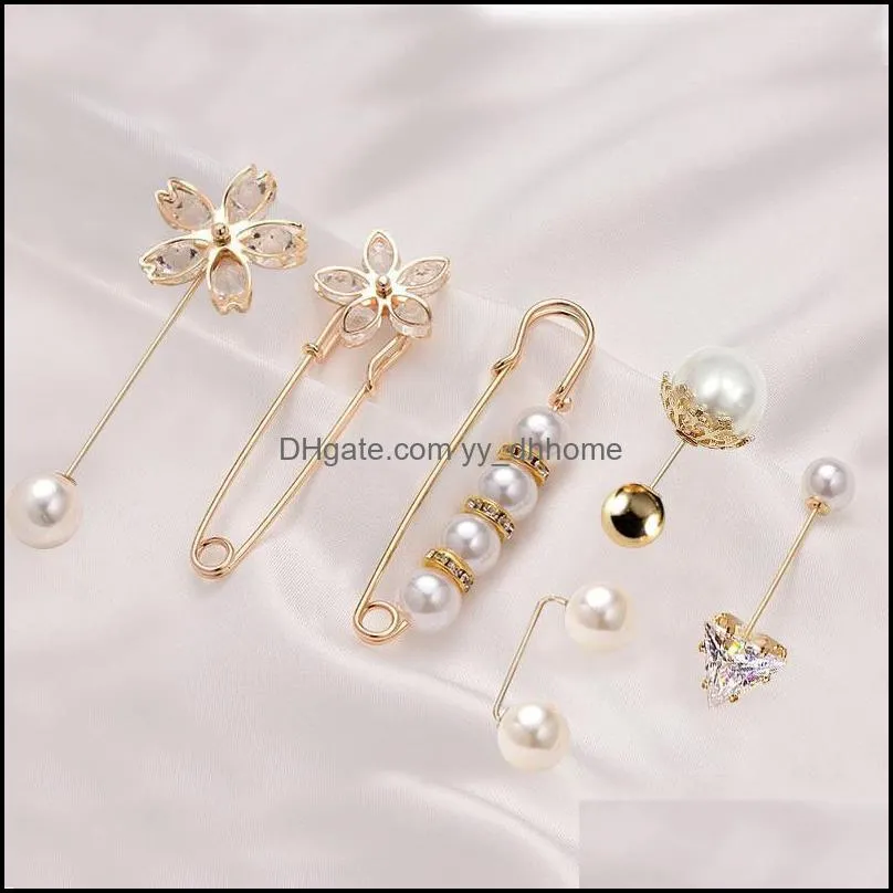 Pins, Brooches 6Pieces Set Fashion Pearl Brooch Cute Creative Fixed Clothes Crystal Decorative For Women Anti-Exposure Neckline Buckle