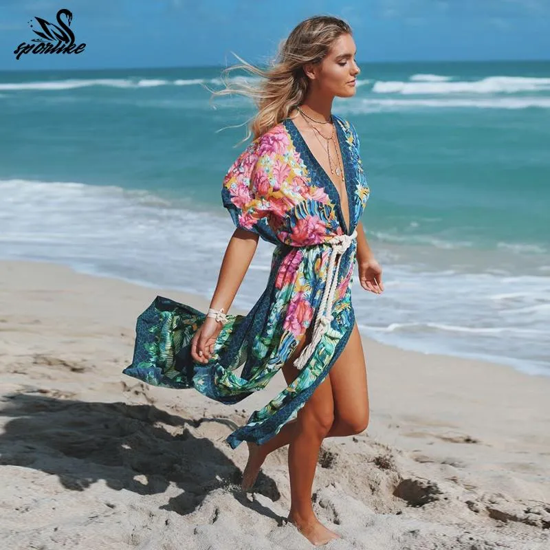 Vintage Floral Beach Cover Up For Women Sporlike Spaghetti Strap Bikini
