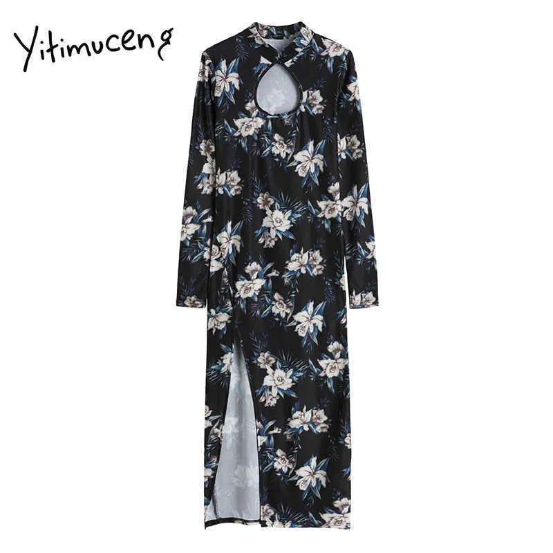 Yitimuceng Abiti vintage Donna Summer Floral Pint Sexy Hook Flower Hollow A-Line Stand Solid Fashion Dress coreano 210601