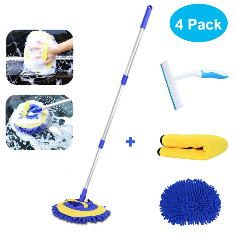 4pcs Car Wash Mop Brush 45" Long Aluminum Alloy With Extendable Handle Super absorbent For Window Squeegee Wiper Washing Tool