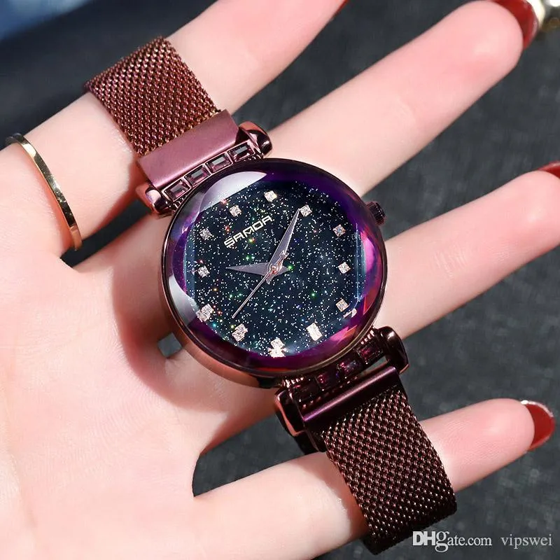 Women fashion watch magnet Stainless steel Milan mesh Strap Purple diamond watches Tik Tok gift Dress High Quality waterproof Wristwatches