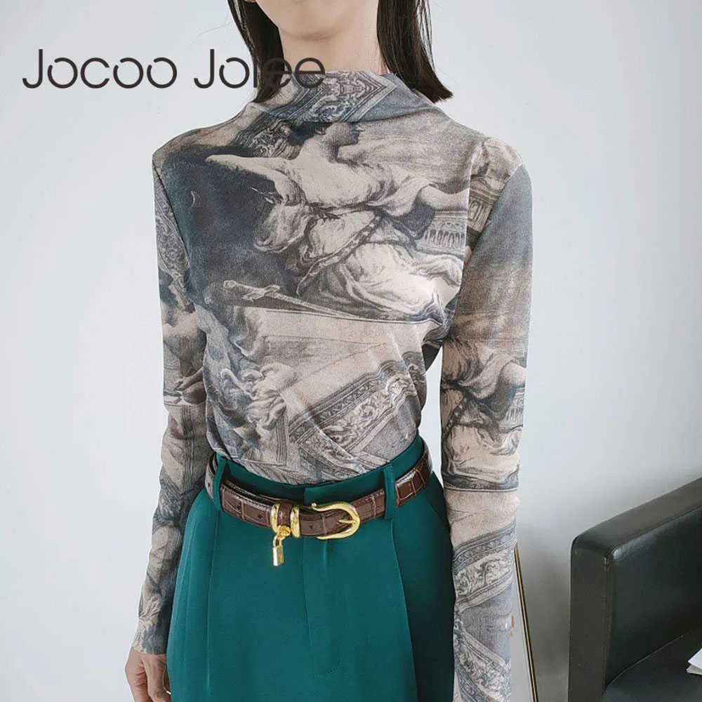 Jocoo Jolee Spring Renaissance Print Vintage Top Turtleneck Long Sleeve Blouse Women Spandex Bodycon Blouse Ladies Slim Tops 210619