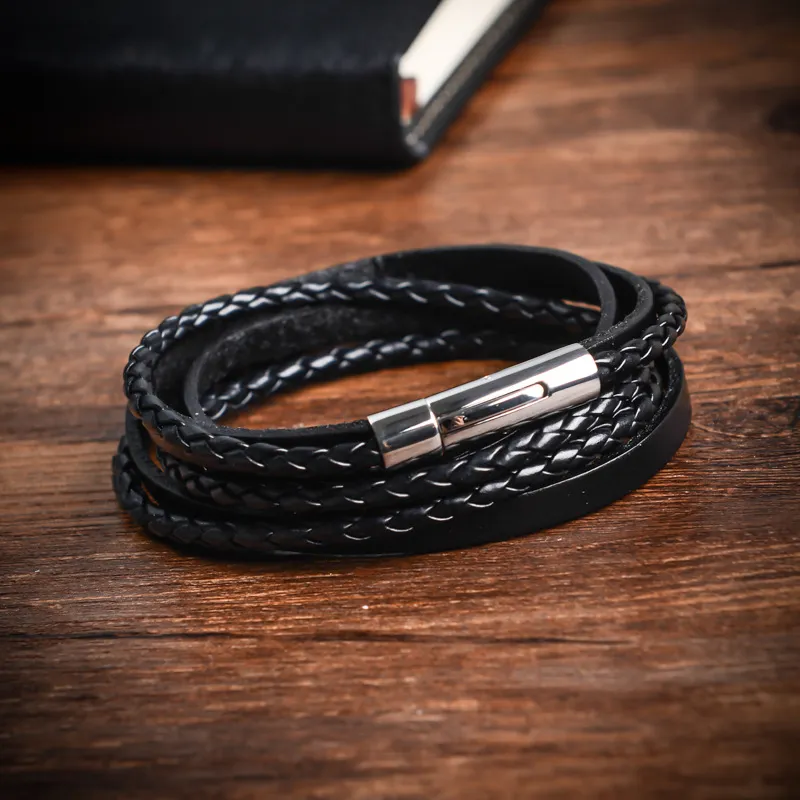 Bedelarmband Mannen lederen gevlochten multilayer lagen touw roestvrijstalen magnetische sluiting Bangle punk met een fluwelen tas