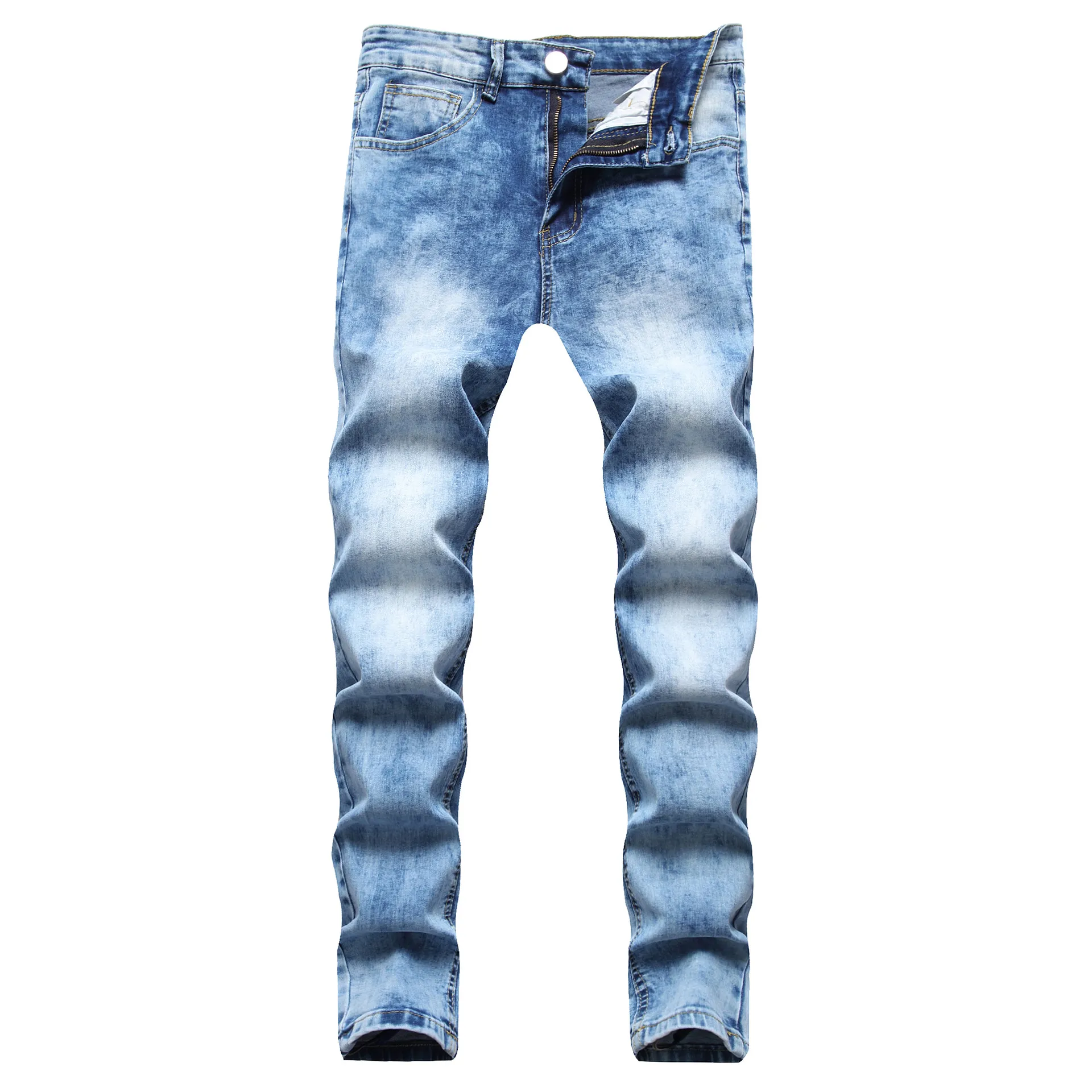 Mäns jeans man sommar 2022 män lång stretchig elastisk medelmästare tvättade mager blyertsbyxor med fickor mens denim blå238r