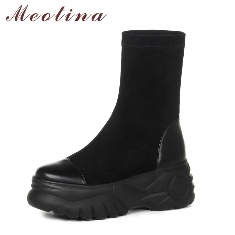 Meotina Mid Calf Laarzen Vrouwen Schoenen Ronde Teen Platform Flats Dames Laarzen Slip-on Stretch Laarzen Vrouwelijke Herfst Winter Zwart 34-39 210520