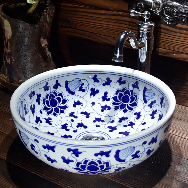 Blue and white Round Bathroom Counter Top Wash Basin Cloakroom Hand Painted Vessel Sink bathroom sink ceramic art wash basin