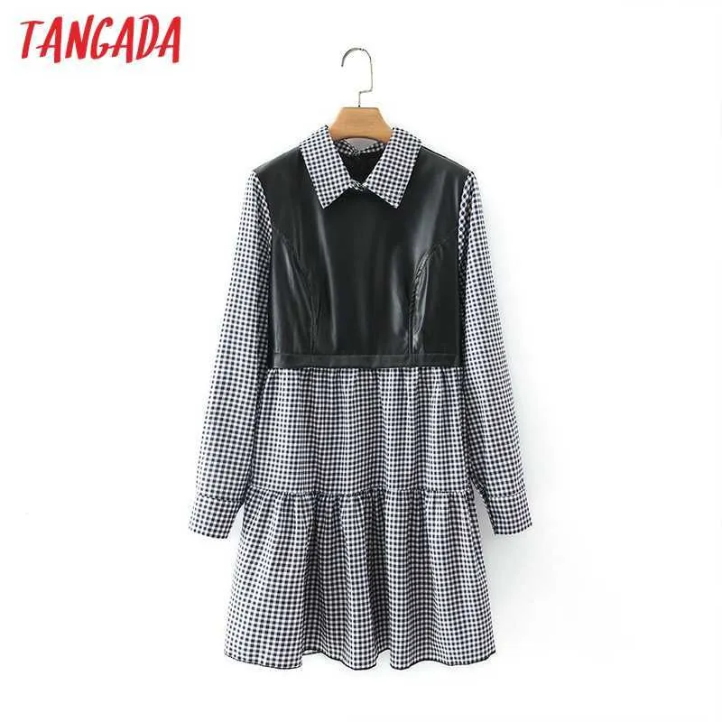 Tangada Mode Kvinnor Faux Läder Patchwork Shirt Klänning Vår Ankomst Långärmad Ladies Mini Dress Vestidos 7Y06 210609