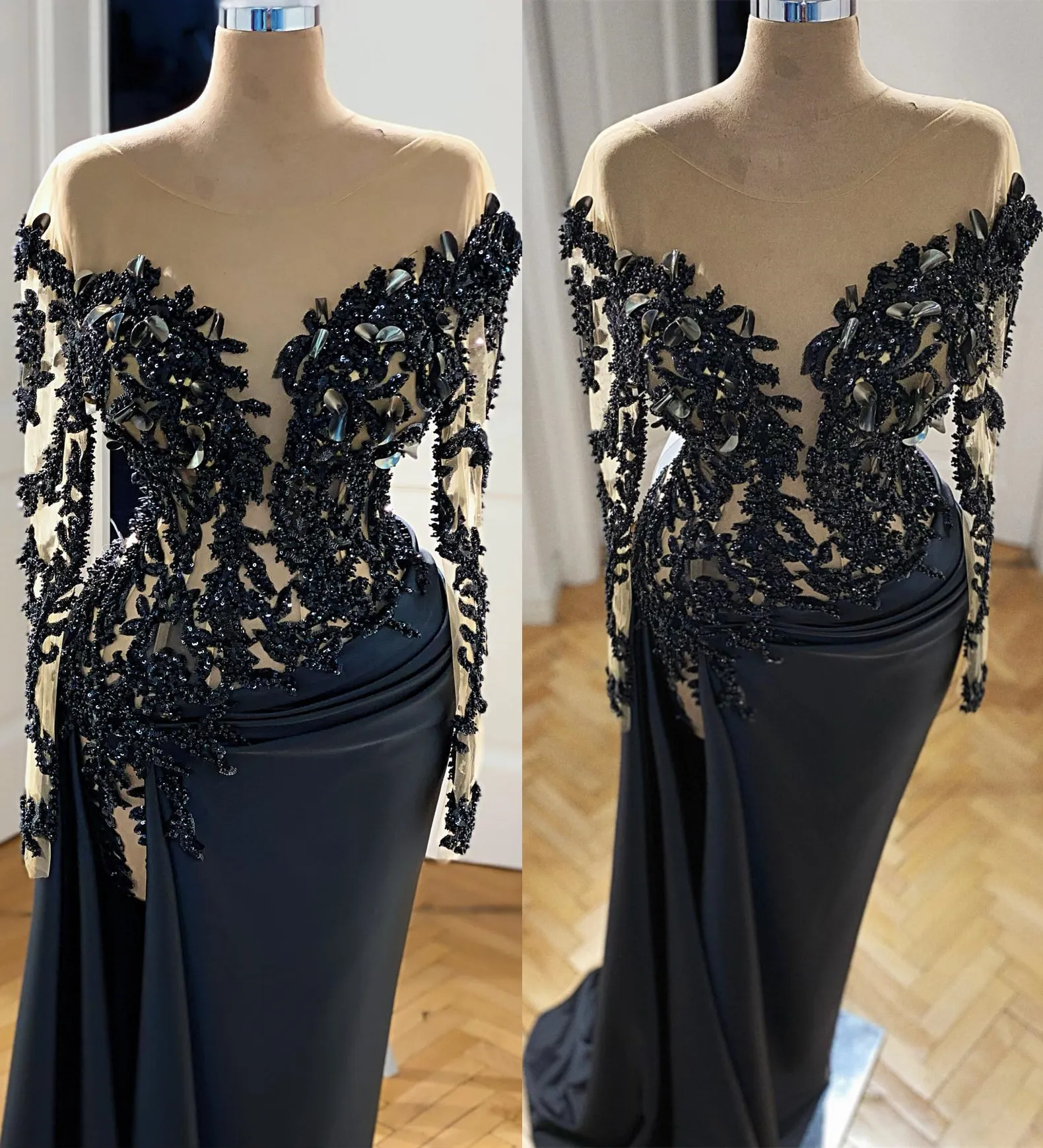 2022 Plus Size Arabski ASO EBI Black Mermaid Sexy Prom Dresses Koronki Zroszony Cekinowy Wieczór Formalny Party Druga Recepcja Urodziny Suknie Zaręczynowe Dress ZJ640