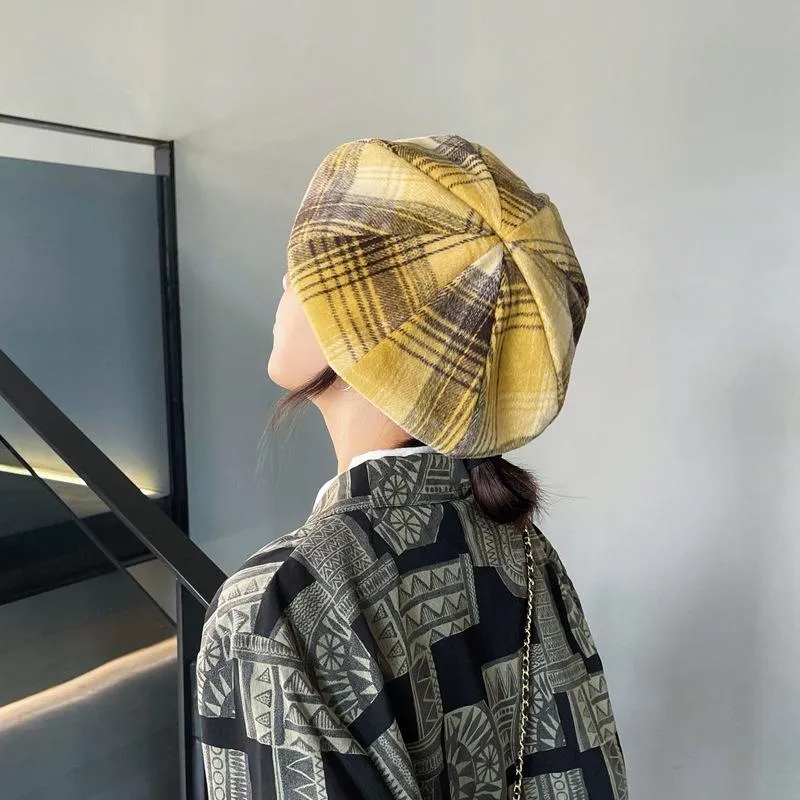 Berets японская шерстяная клетчатая шляпа Beret Hat осень и зимний корейский художник моды тыква теплые восьмиугольные женщины