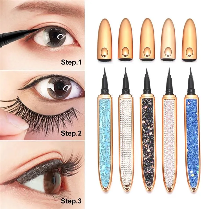 Wasserdichter, starker, selbstklebender Eyeliner-Kleber für falsche Wimpern, 2-in-1, magischer Diamant-Bling-Glitzer-Flüssigkeits-Eyeliner-Stift, kein Kleber zum Tragen von Wimpern erforderlich