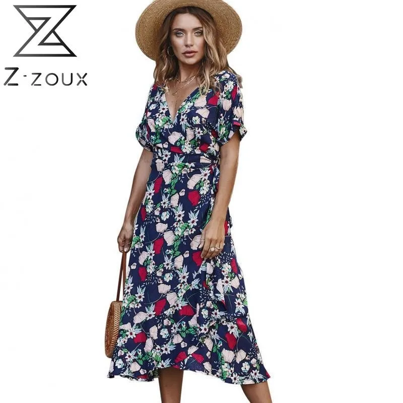 Women Dress Ruffles Irregular Bandage Print Dresses V-Neck Vintage Sexy Summer Clothes Fashion 210524