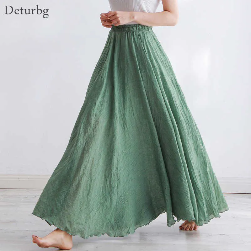 High Quality Cotton Linen Maxi Skirt Womens Casual Elastic High Waist Pleated A-Line Beach Skirts Boho Saia Feminina Faldas Jupe 210708