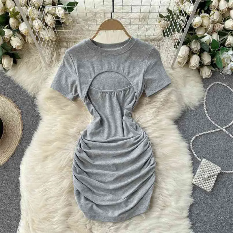 Casual Women T-shirt Dress Solid Color O-neck Short Sleeve Folds Mini Bodycon Cut-out Hollow Front Chic Summer Streetwear 210603