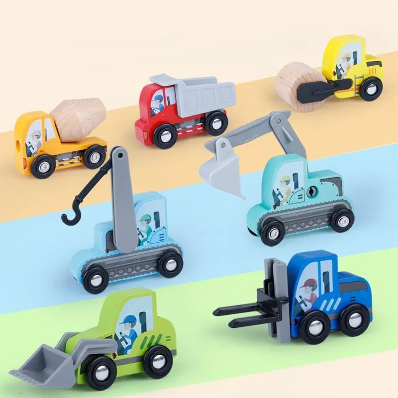 Baufahrzeug-Spielzeugautos, 7 Stück, Holzkinder für Kleinkinder, Zugspielzeug, Eisenbahn
