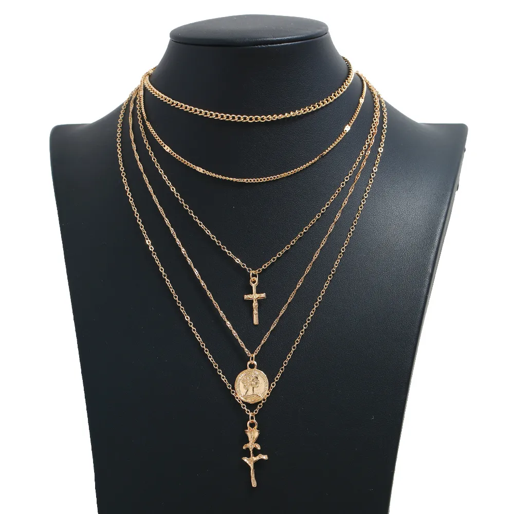 Pendentif Colliers Europe et États-Unis frontière bijoux tendance de la mode de la personnalité féminine croix rose combinaison collier multicouche