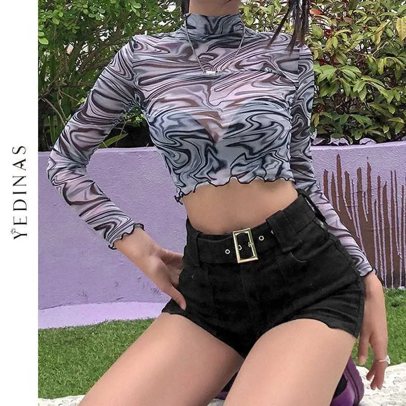 Yedinas Manga Longa Colheita Tops Camisetas Mulheres Transparentes Ruffles Hems Turtleneck Tshirt Y2K Aesthetic Top Streetwear 210527